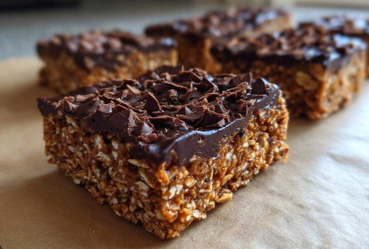 A close-up, featured image of a thick, chewy homemade protein bar topped with melted chocolate and chocolate shavings.