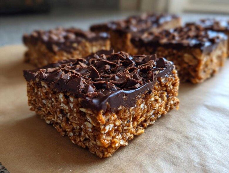 A close-up, featured image of a thick, chewy homemade protein bar topped with melted chocolate and chocolate shavings.