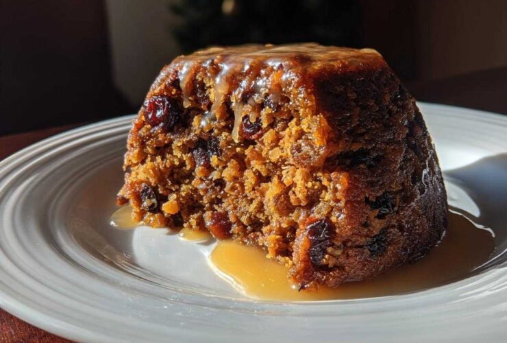 A close-up of a rich, dark slice of plum pudding covered in caramel sauce on a white plate.
