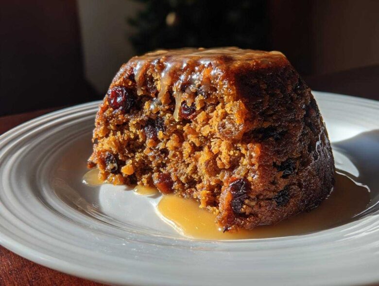 A close-up of a rich, dark slice of plum pudding covered in caramel sauce on a white plate.