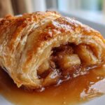 Close-up of a flaky pastry apple dumpling cut open, revealing spiced apple filling and rich caramel sauce.