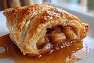 Close-up of a flaky pastry apple dumpling cut open, revealing spiced apple filling and rich caramel sauce.