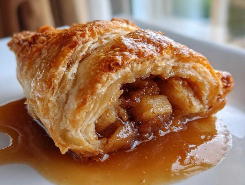 Close-up of a flaky pastry apple dumpling cut open, revealing spiced apple filling and rich caramel sauce.
