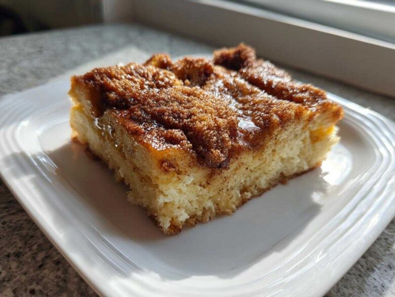 A square slice of baked french toast with a rich, caramelized cinnamon sugar topping on a white plate.