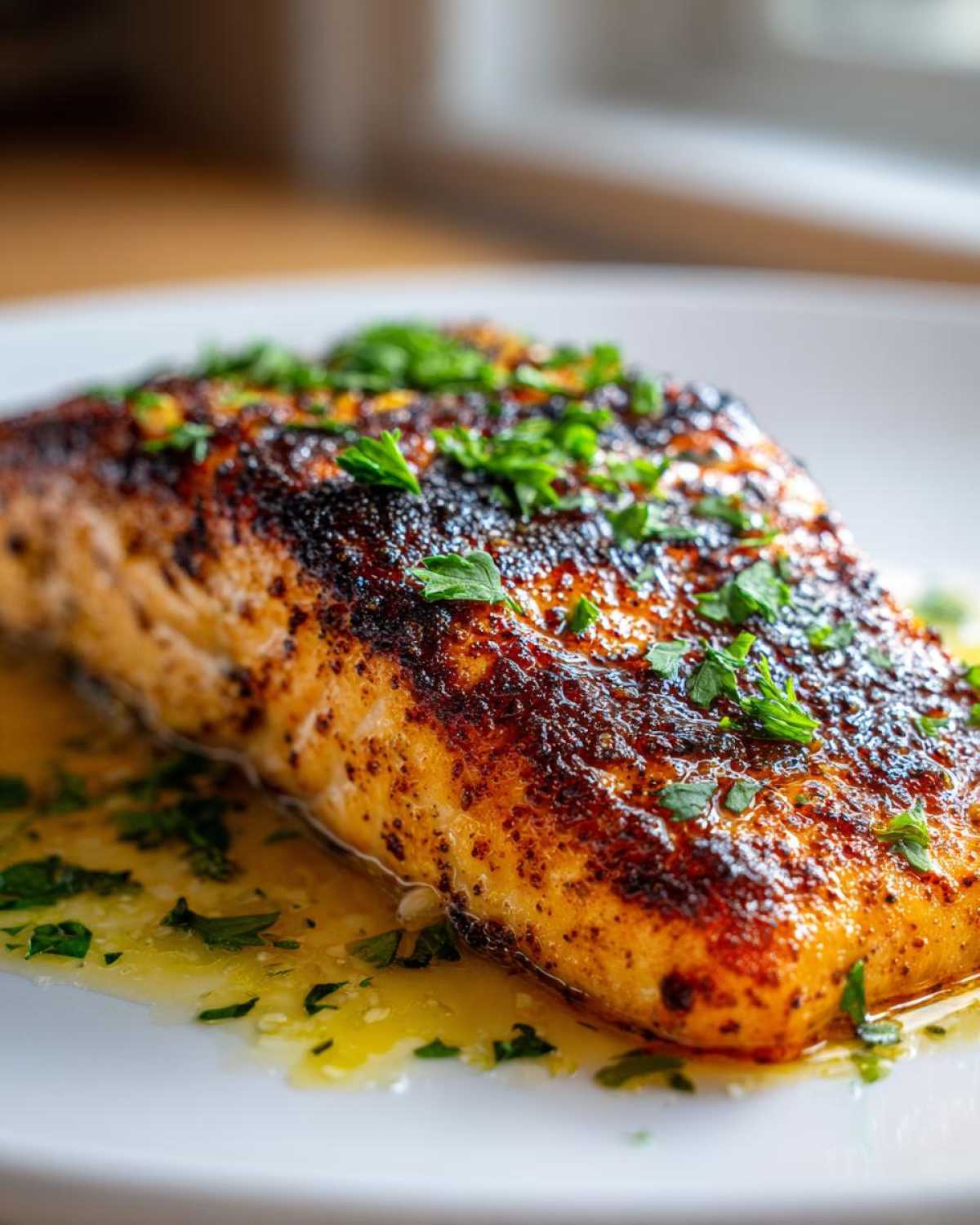 Close-up of a perfectly cooked piece of blackened salmon resting in butter sauce and topped with fresh parsley.