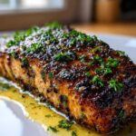 A close-up of a perfectly cooked blackened salmon fillet resting in butter sauce and topped with fresh parsley.