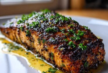 A close-up of a perfectly cooked blackened salmon fillet resting in butter sauce and topped with fresh parsley.