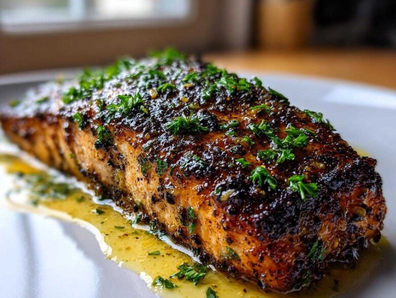 A close-up of a perfectly cooked blackened salmon fillet resting in butter sauce and topped with fresh parsley.