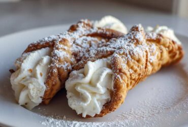 Close-up of two freshly filled cannoli, dusted with powdered sugar, ready to eat.