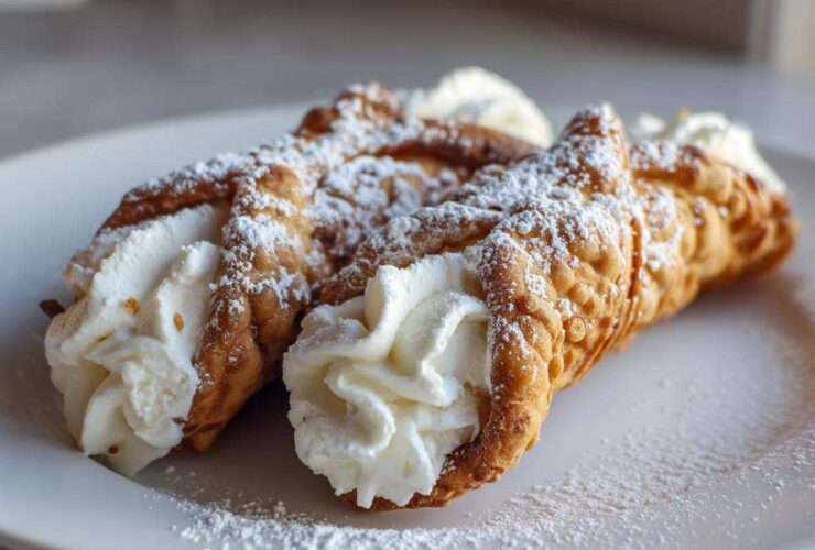 Close-up of two freshly filled cannoli, dusted with powdered sugar, ready to eat.
