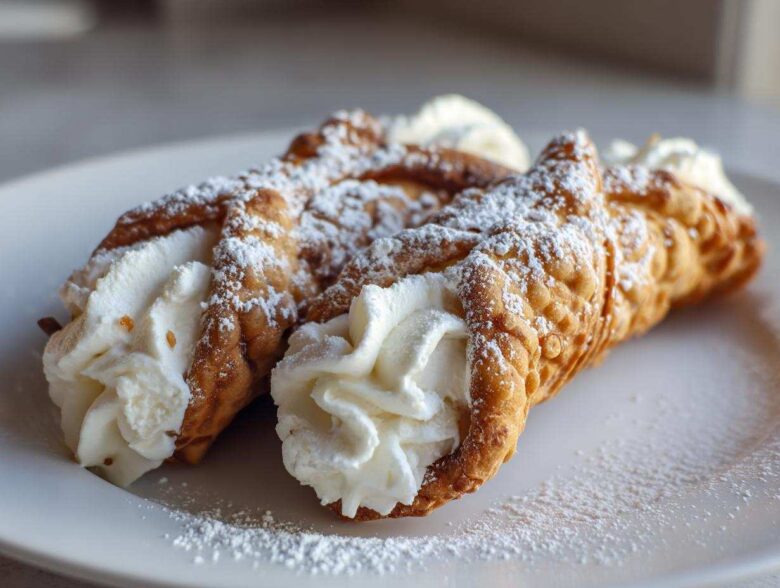 Close-up of two freshly filled cannoli, dusted with powdered sugar, ready to eat.