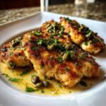 Close-up of golden brown chicken piccata fillets topped with capers, lemon zest, and fresh parsley in a bright sauce.