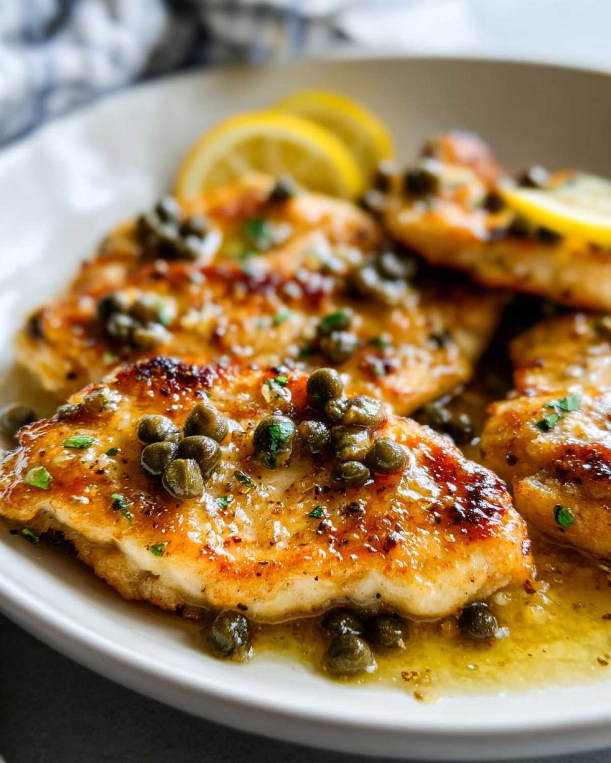 Close-up of golden-brown chicken piccata fillets covered in lemon-butter sauce and capers on a white plate.