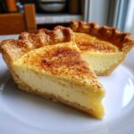 Close-up of a slice of creamy custard pie dusted with cinnamon next to a mini custard pie.