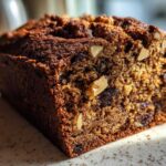 Close-up of a freshly baked slice of date nut bread showing moist texture, dates, and walnuts.