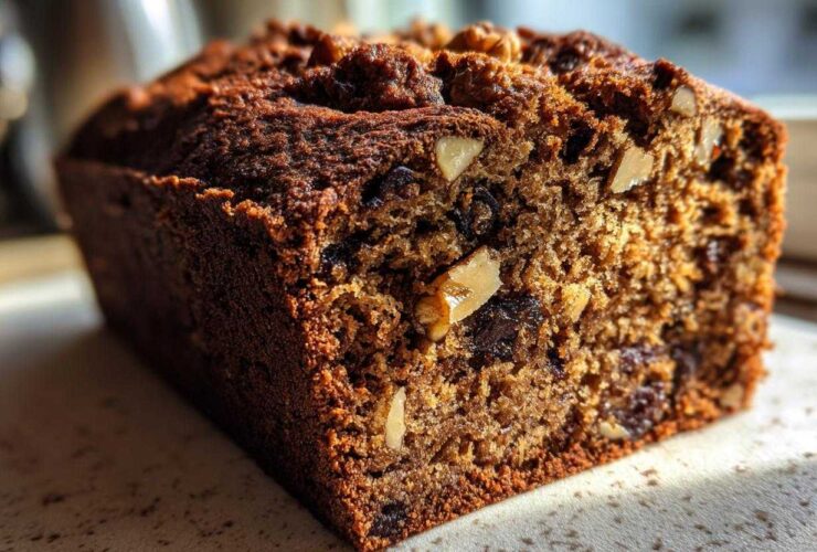 Close-up of a freshly baked slice of date nut bread showing moist texture, dates, and walnuts.