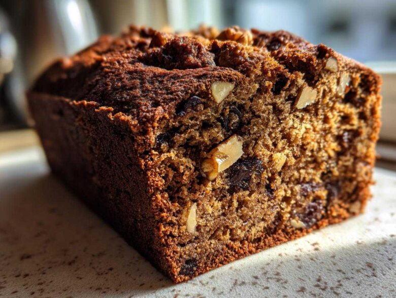 Close-up of a freshly baked slice of date nut bread showing moist texture, dates, and walnuts.