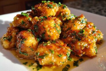 Close-up of golden brown, glazed chicken bites topped with fresh chopped parsley.