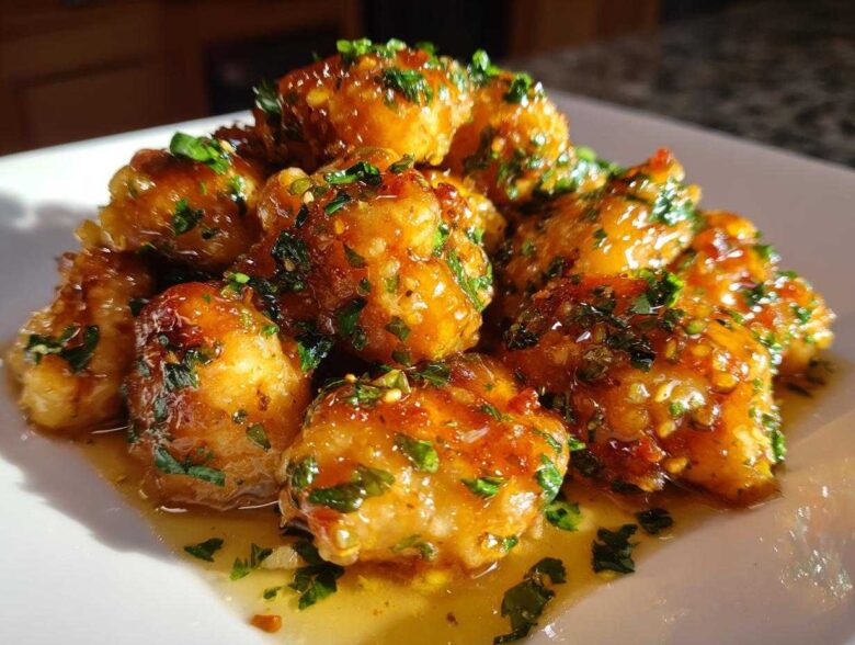 Close-up of golden brown, glazed chicken bites topped with fresh chopped parsley.