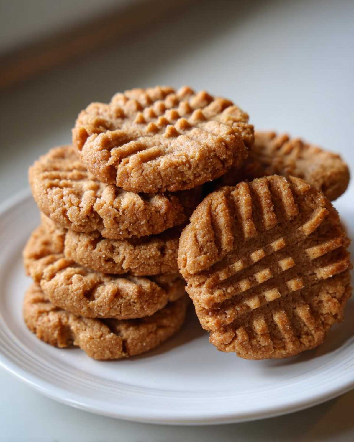 A close-up stack of freshly baked peanut butter cookies featuring the traditional crosshatch fork marks.