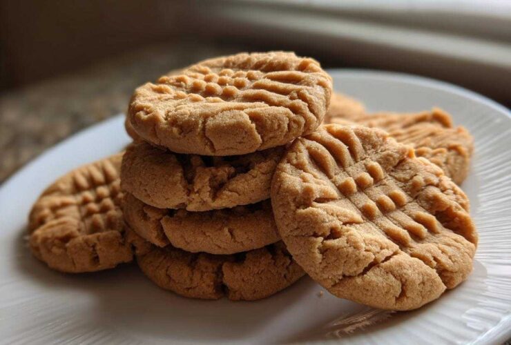 A stack of freshly baked peanut butter cookies featuring the classic crisscross fork pattern, resting on a white plate.