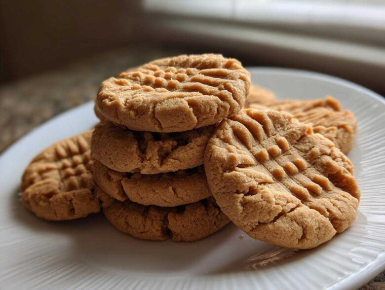 A stack of freshly baked peanut butter cookies featuring the classic crisscross fork pattern, resting on a white plate.