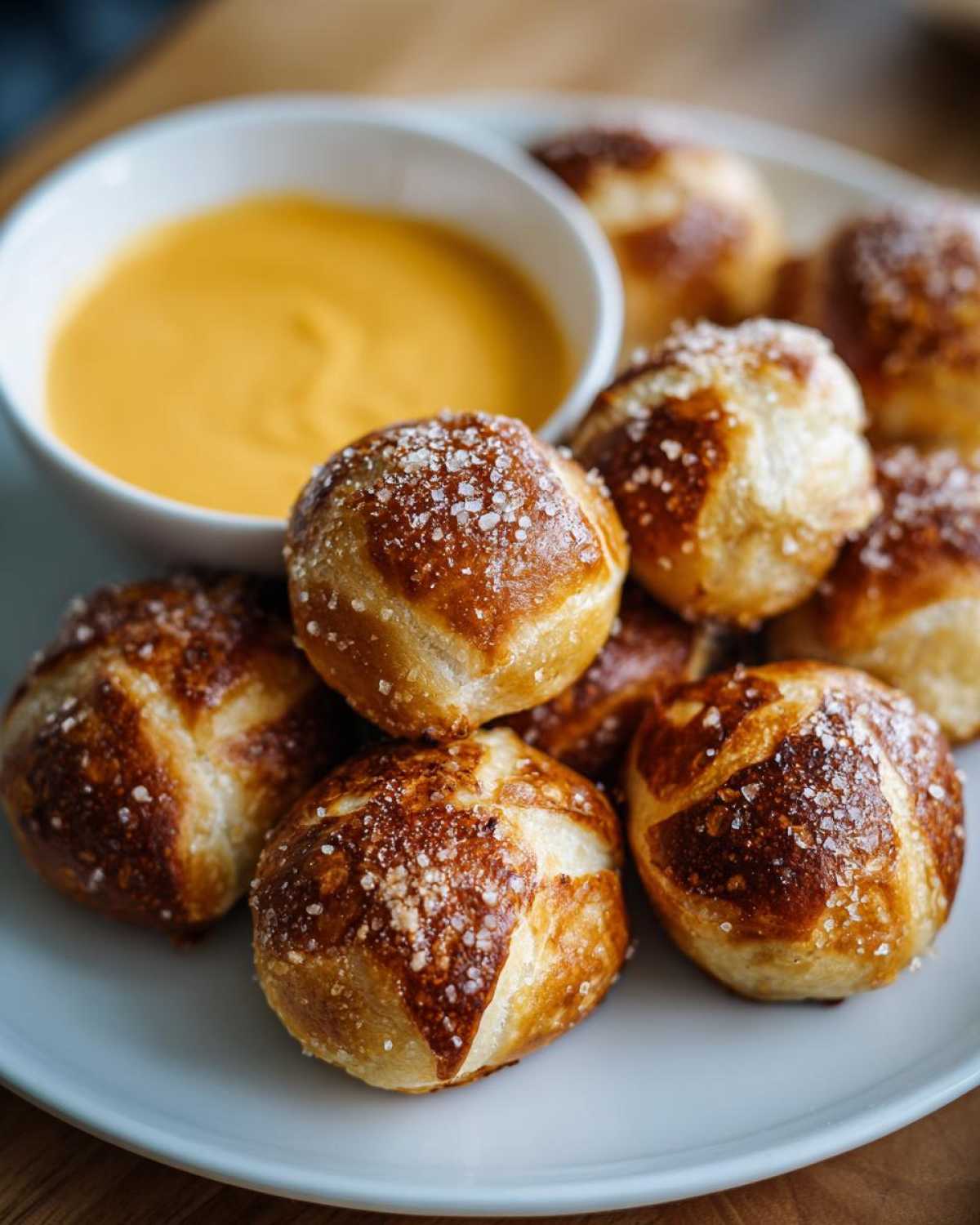A plate of freshly baked, salted pretzel bites served with a side of warm cheese dipping sauce.