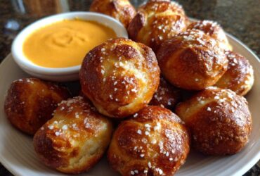 A plate piled high with freshly baked pretzel bites sprinkled with coarse salt, next to a small bowl of bright orange cheese sauce.