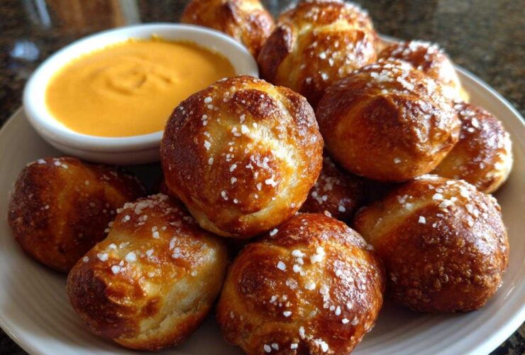 A plate piled high with freshly baked pretzel bites sprinkled with coarse salt, next to a small bowl of bright orange cheese sauce.