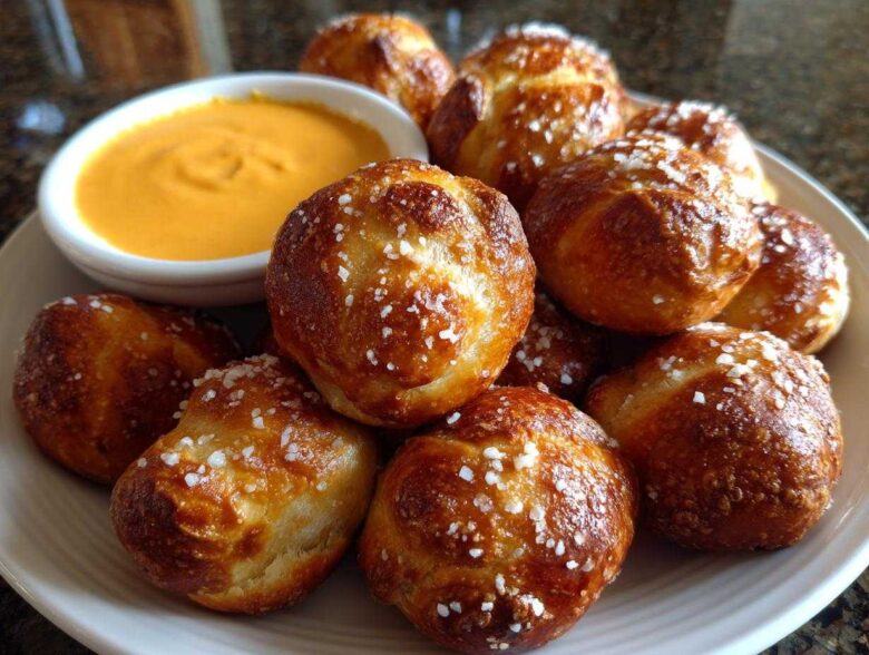 A plate piled high with freshly baked pretzel bites sprinkled with coarse salt, next to a small bowl of bright orange cheese sauce.