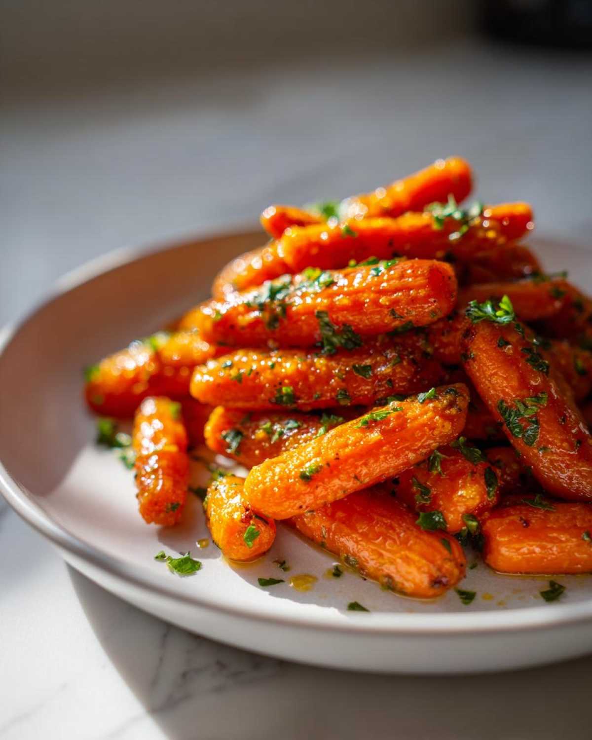 A mound of glistening, glazed roasted carrots sprinkled with fresh chopped parsley on a white plate.