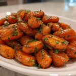 A close-up of perfectly glazed roasted carrots sprinkled with fresh green parsley on a white serving dish.