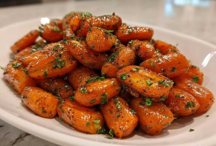 A close-up of perfectly glazed roasted carrots sprinkled with fresh green parsley on a white serving dish.