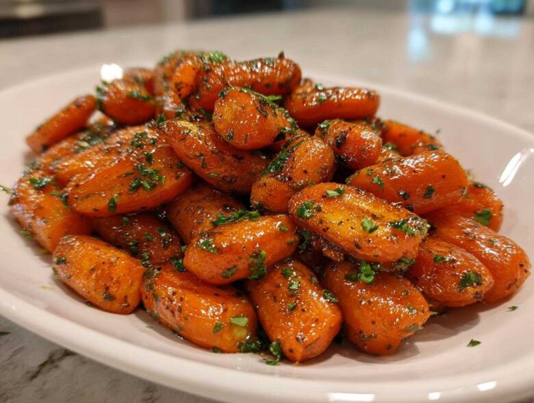 A close-up of perfectly glazed roasted carrots sprinkled with fresh green parsley on a white serving dish.
