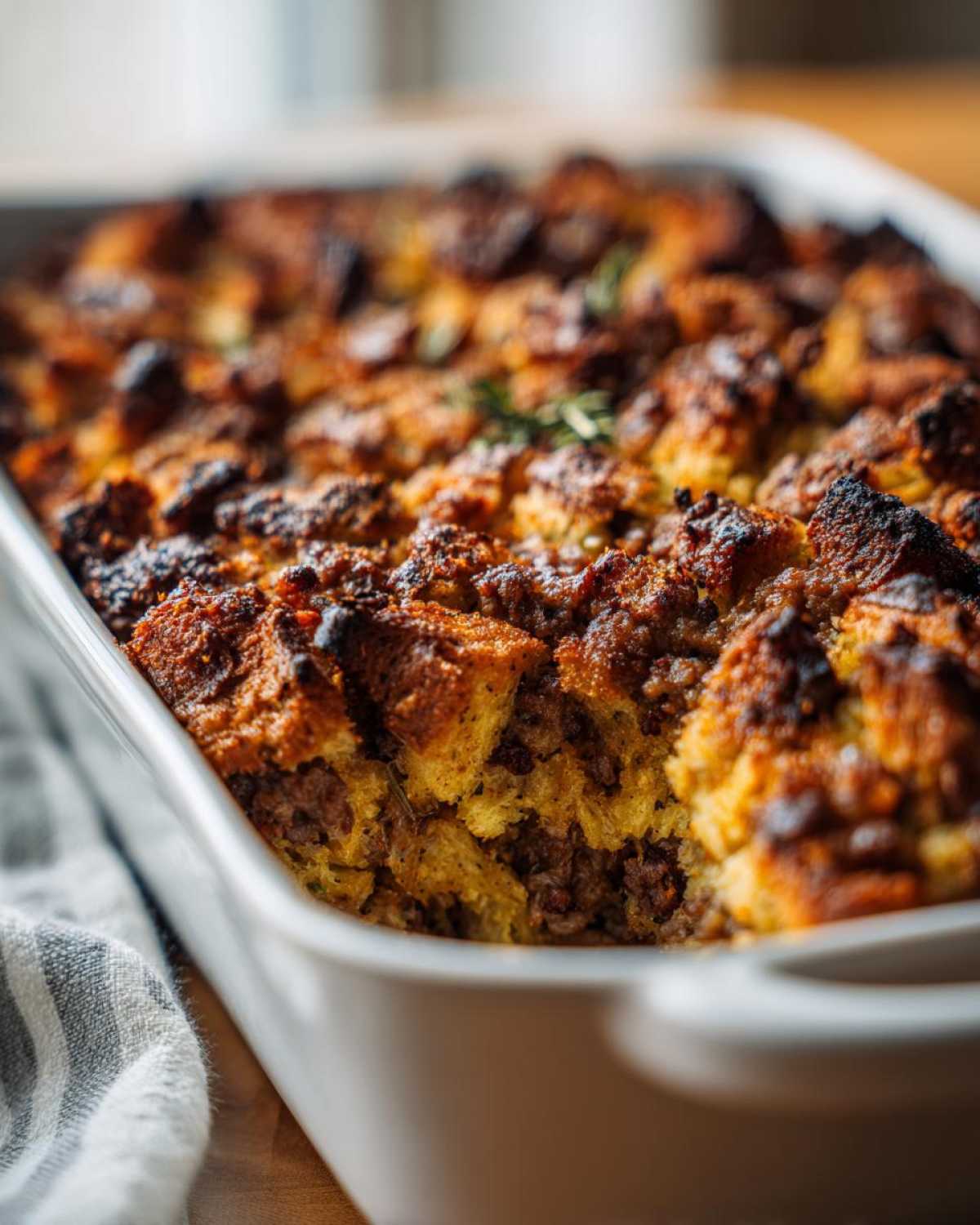 Close-up of a baked sausage stuffing with a crispy, browned top in a white baking dish.