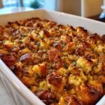 Close-up of perfectly baked sausage stuffing with crispy golden tops and fresh herbs in a white casserole dish.