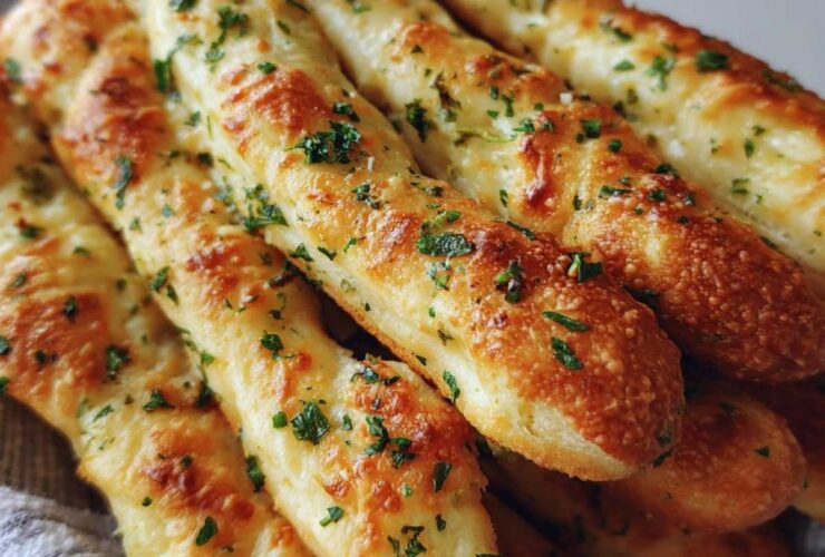A close-up stack of golden, soft breadsticks brushed with garlic butter and sprinkled with fresh parsley.