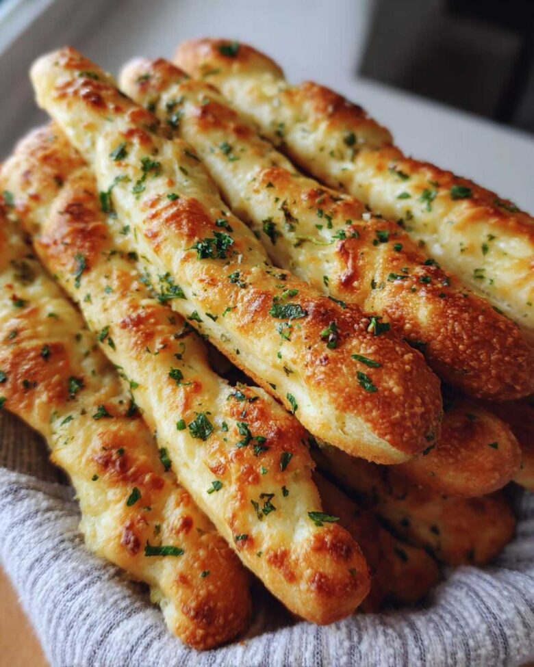 A close-up stack of golden, soft breadsticks brushed with garlic butter and sprinkled with fresh parsley.