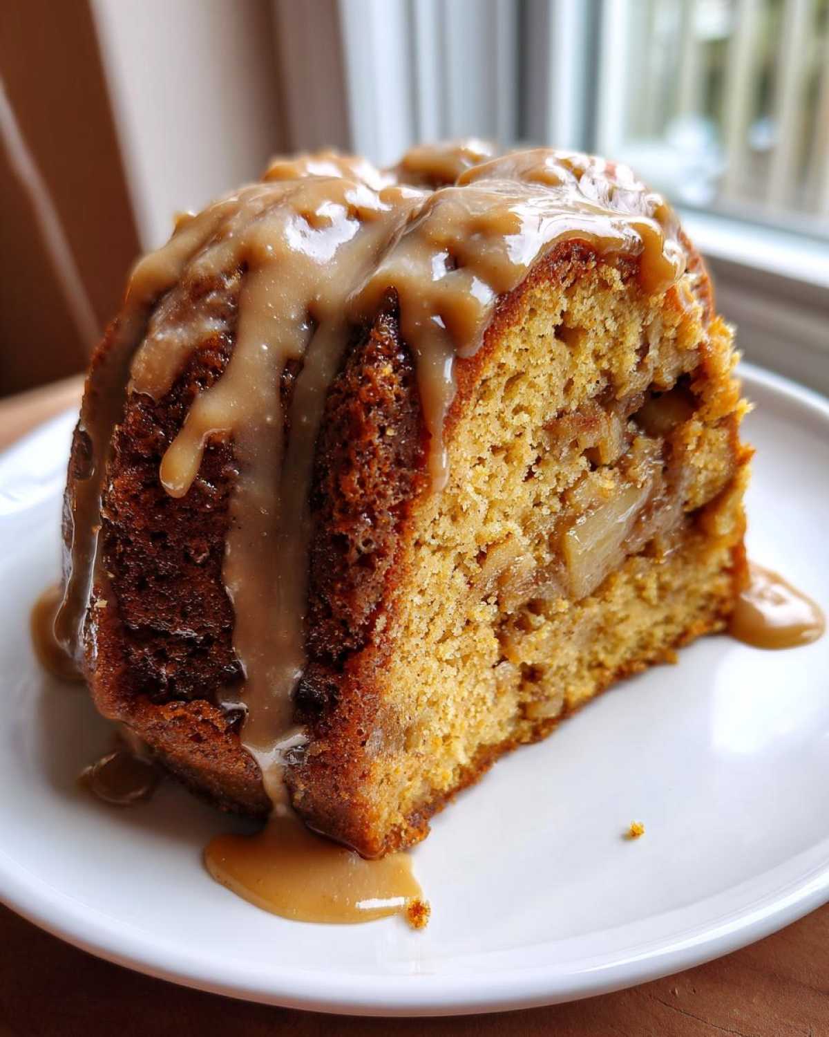 A close-up of a moist slice of apple bundt cake topped with thick caramel icing dripping down the sides.