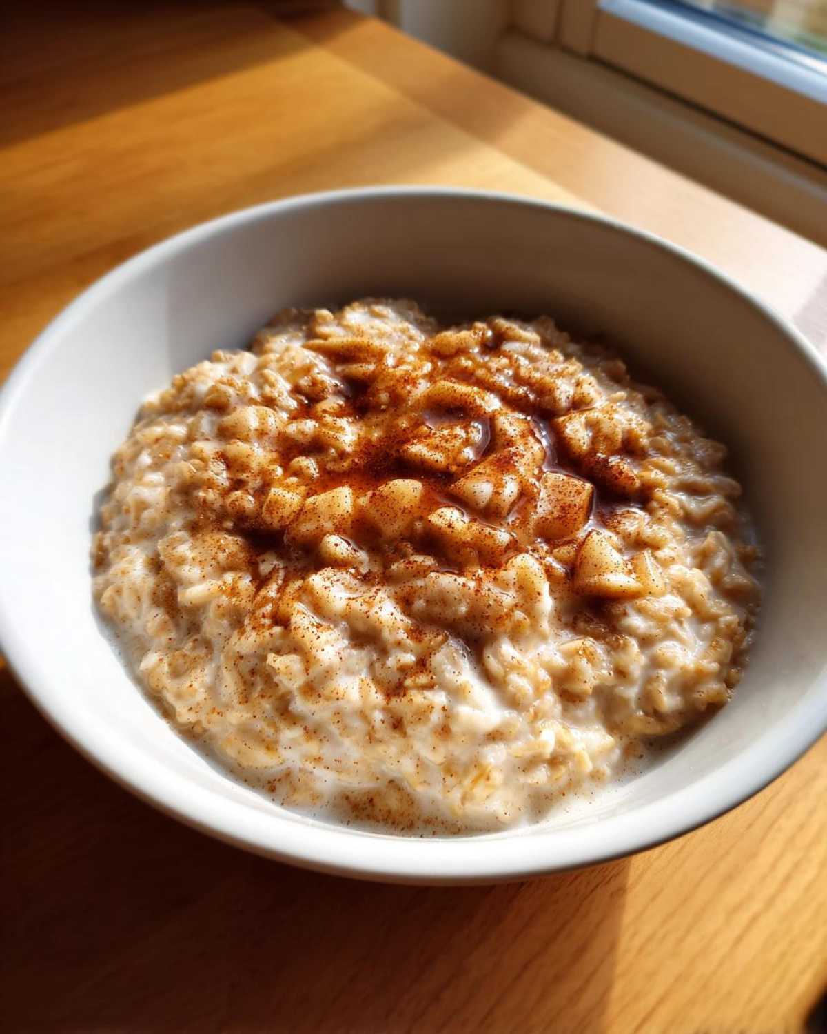 A close-up of a white bowl filled with creamy apple cinnamon oatmeal, topped with diced apples, cinnamon, and a swirl of milk.