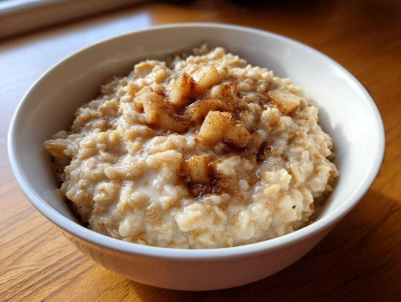 Close-up of creamy apple cinnamon oatmeal topped with cooked apple chunks and cinnamon spice.