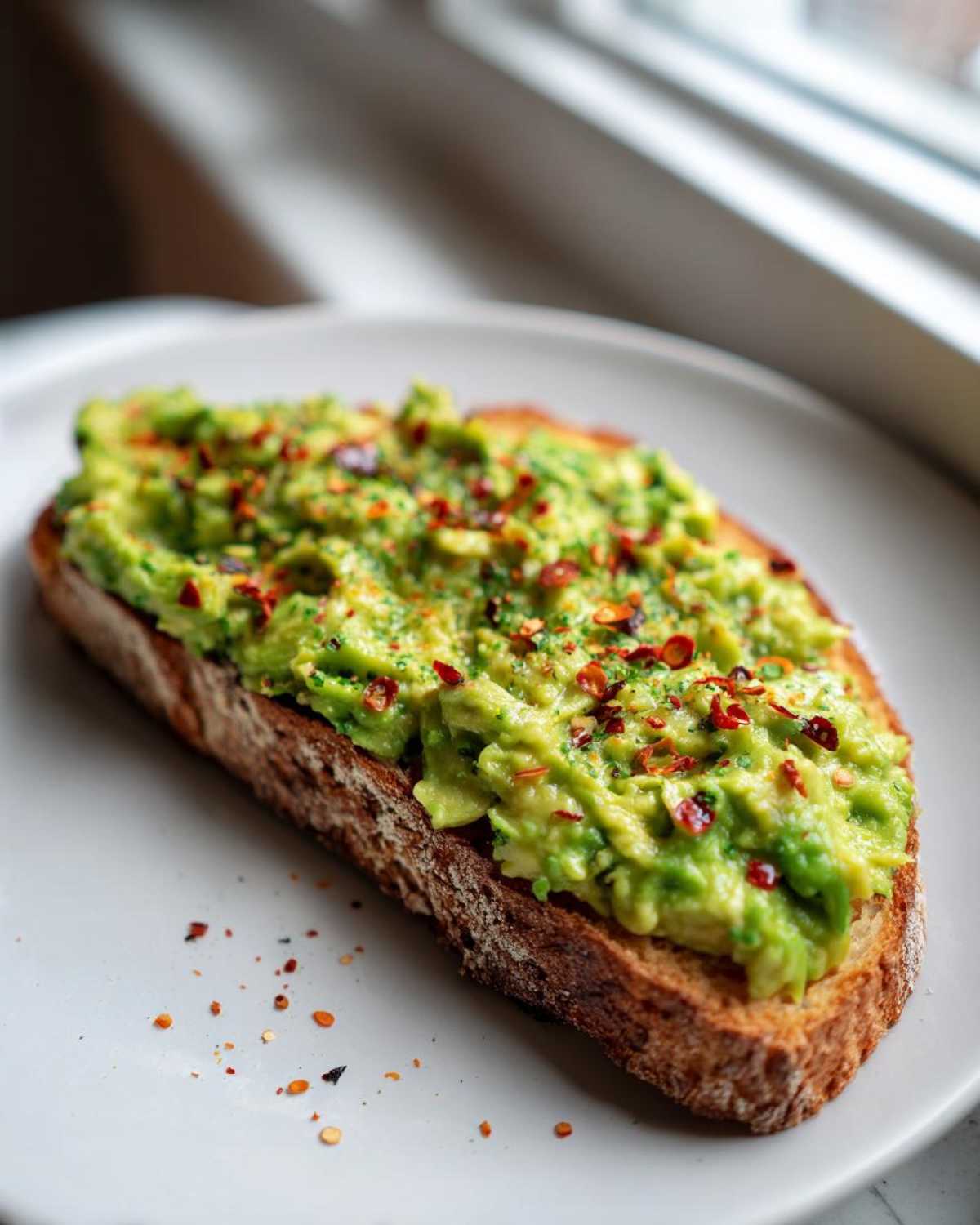 A close-up of delicious avocado toast topped generously with red pepper flakes on a white plate.