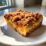 A square slice of baked french toast with a thick, gooey cinnamon streusel topping on a white plate.