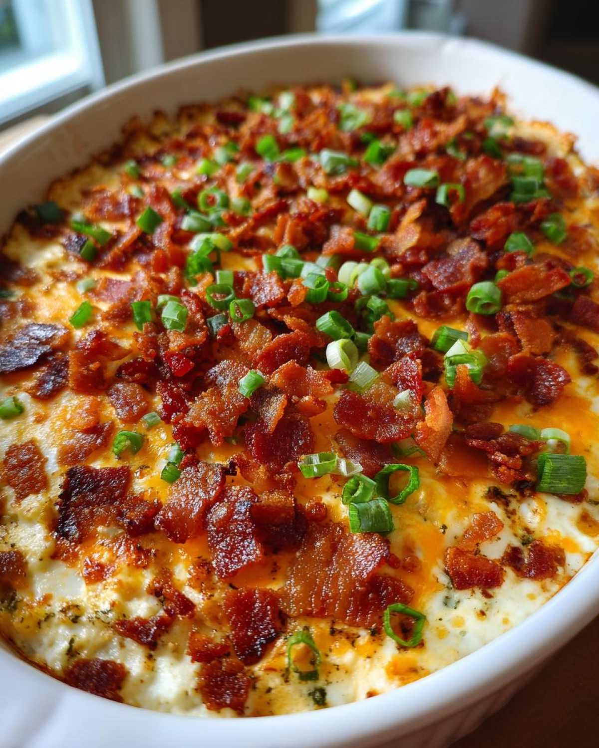 Close-up of a hot, baked jalapeño popper dip in a white dish, covered with crispy bacon bits and green onions.