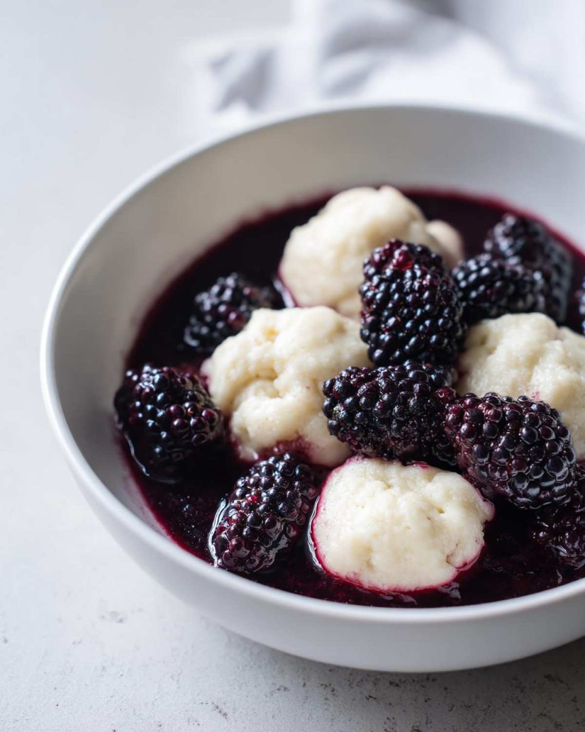 Close-up of fluffy dumplings served in a bowl with fresh blackberries and dark purple sauce, highlighting the Blackberry Dumplings.