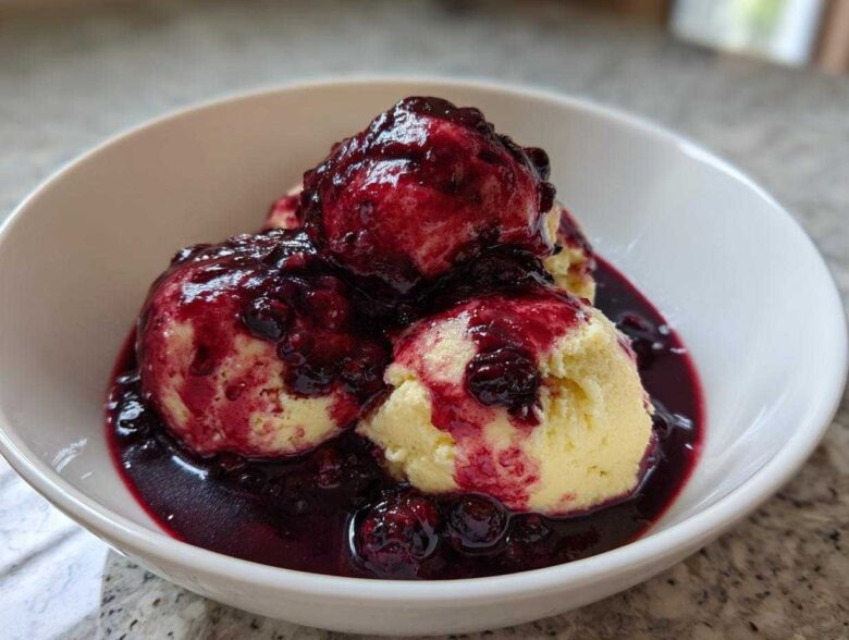 Three fluffy, pale yellow Blackberry Dumplings generously covered in a dark, rich blackberry sauce in a white bowl.