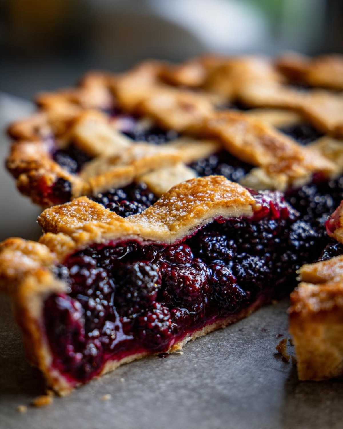 Close-up of a juicy slice of blackberry pie showing the deep purple filling and golden lattice crust.