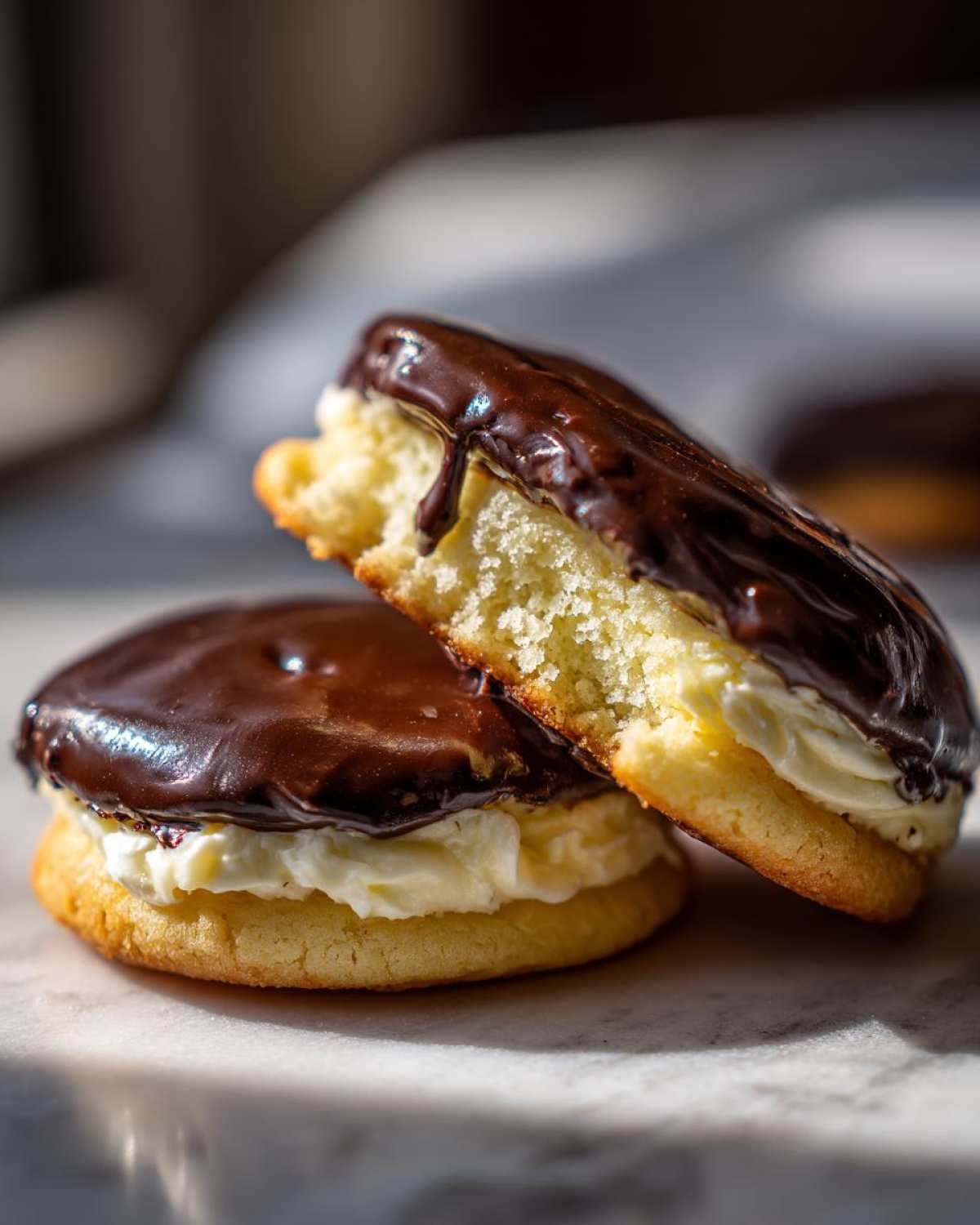 Two delicious boston cream pie cookies, one broken in half showing vanilla cream filling and chocolate glaze.
