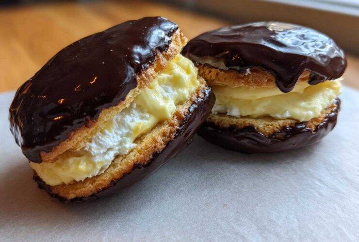 Two sandwich-style boston cream pie cookies filled with vanilla cream and topped with rich chocolate ganache.