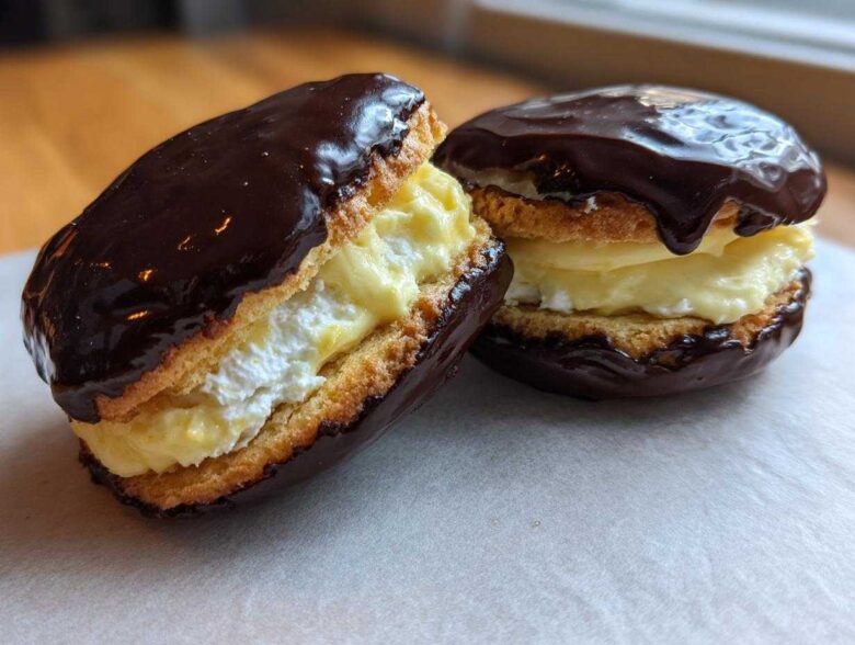 Two sandwich-style boston cream pie cookies filled with vanilla cream and topped with rich chocolate ganache.